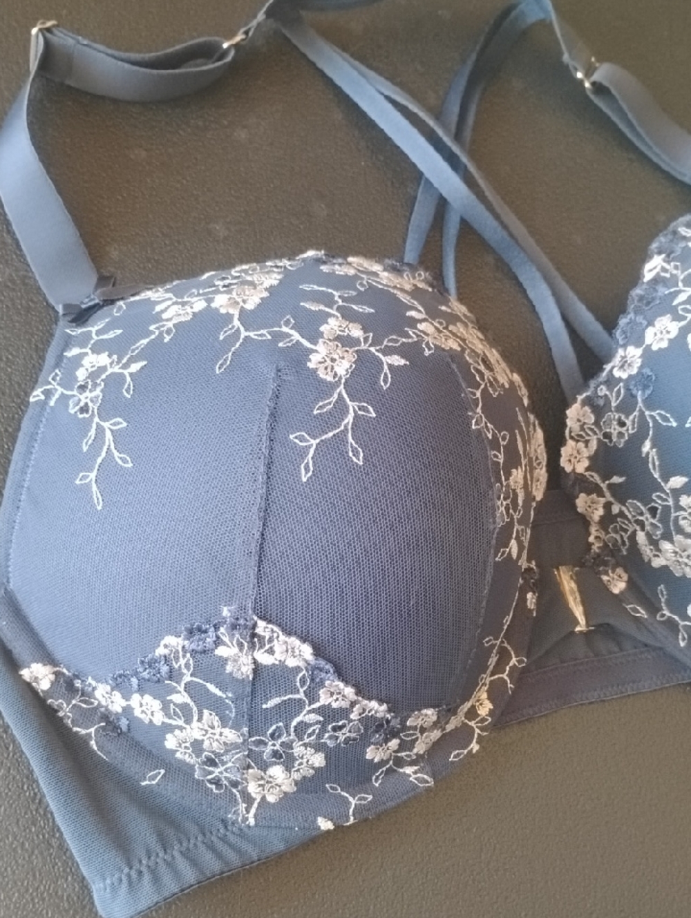 Cacique Blue Embroidered Push-Up Bra with Crisscross Straps - Picture 8 of 11